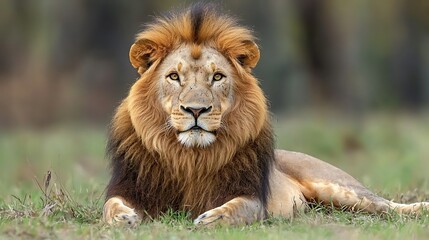 Majestic male lion resting, savanna grassland background, wildlife photography, nature documentary