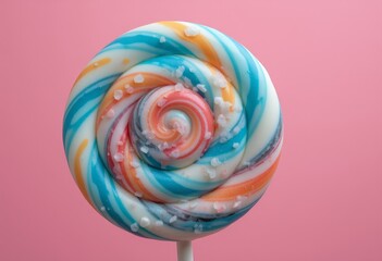 Multicolored swirled lollipop adorned with sparkling crystals on a soft pink background ideal for festive occasions and creative designs