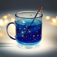 "A mesmerizing deep blue glass mug with a celestial design, featuring delicate golden constellations and tiny stars scattered across its surface...