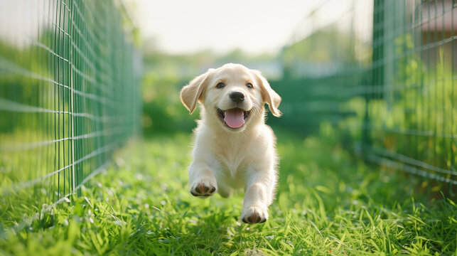 Playful puppy with flopping ears sprinting in the sunlight