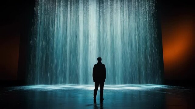 Person Standing in Front of a Dramatic Waterfall Display with Light Reflections and Soft Shadows in a Dark Space