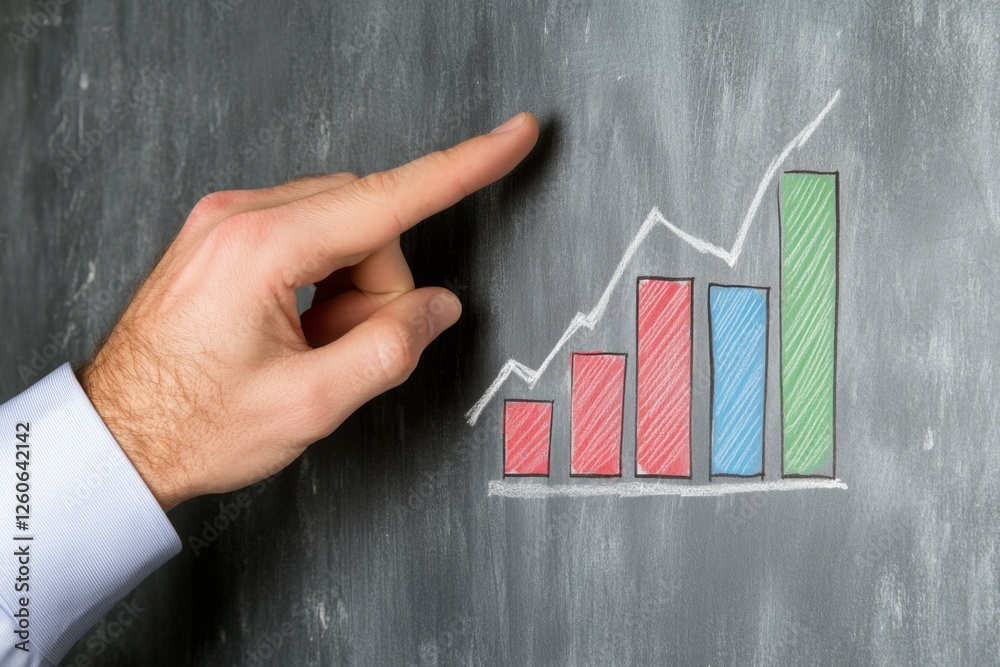 Poster A flat 2D illustration of a professional pointing at a bar chart on a whiteboard, explaining statistical trends