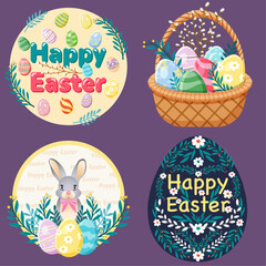 Easter Poster Set with Bunny, Egg Basket, Decorative Floral Egg, and Festive Elements