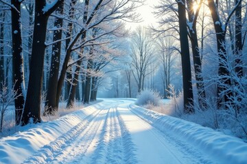 Frozen forest with bare trees and a winding road, snowy trees, frost, winter road