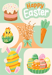 Easter Collage with Traditional Cake, Chick, Decorative Eggs, and Spring Elements