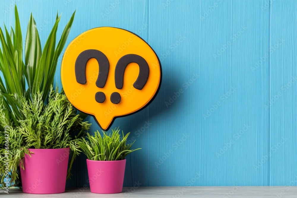 Poster a flat, modern design of a speech bubble with three question marks, representing a public opinion su