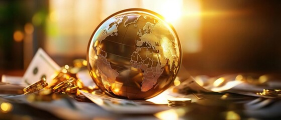 Obraz premium A golden globe sits atop currency notes, illuminated by warm sunlight, symbolizing wealth, prosperity, and global influence.