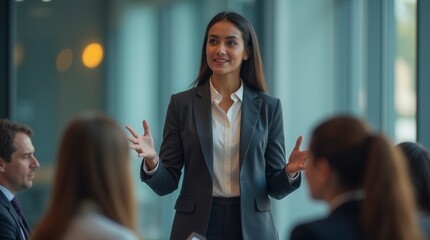 Confident Indian Businesswoman Giving Presentation in Modern Office