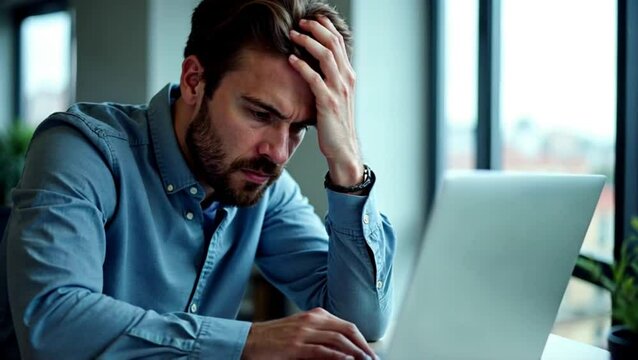 Men at work in the office and tired of working on the project. A man is tired at his desk. 4k slow motion footage.