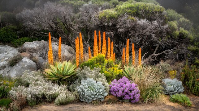 Stunning Orange Succulent Garden in Foggy Landscape
