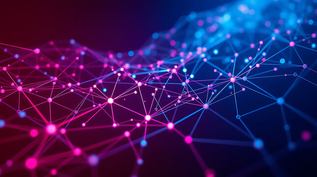 A Futuristic Digital Network Background Featuring a Glowing Web of Interconnected Nodes and Lines in Vibrant Blue and Pink Neon Colors, Perfect for Technology, AI, Big Data, and Cybersecurity Themes