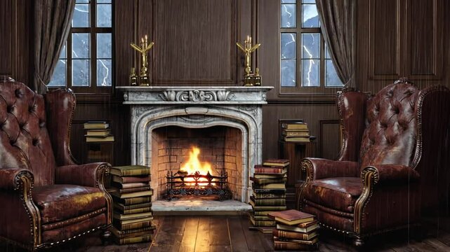 A moody, dark academia-inspired room grand fireplace, vintage leather chairs, stacks old books, soft candlelight. storm rumbles outside, cozy yet mysterious atmosphere, cinematic effect, 4k