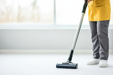 Professional cleaner is working, vacuuming floor with dedication