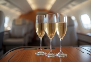 Champagne glasses filled with bubbly drink on wooden table in elegant setting suitable for celebratory occasions