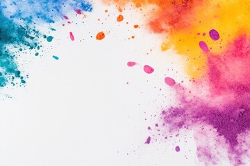 Colorful powder explosion on a white background, vibrant hues of orange, pink, purple, teal, and blue, conveying creativity and joy in a dynamic artistic style