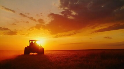 Fototapeta premium Silhouette of tractor at sunset on golden field. Possible stock photo use