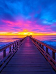 Obraz premium Vibrant Sunset Over Ocean Pier - Wooden pier extending towards a breathtaking sunset over calm ocean waves. Colors are vivid and dramatic