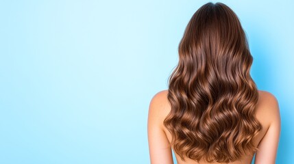 Fototapeta premium Wavy Brown Hair Back View - Long, shiny, wavy brown hair cascading down a woman's back. Symbolizing beauty, health, , elegance, and confidence