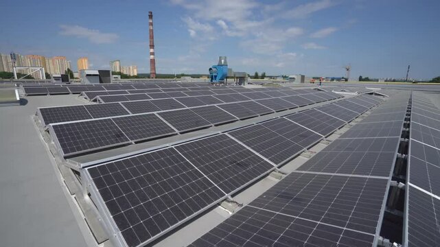 Solar panel structures on the roof of a building on a sunny day