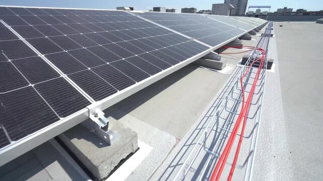 Solar panel structures on the roof of a building on a sunny day
