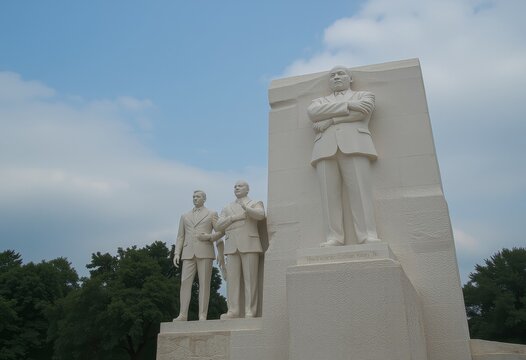 White statue of a man in a suit surrounded by lush greenery creating a serene and peaceful atmosphere