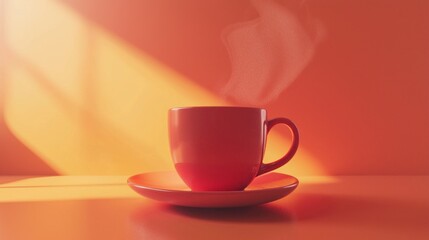 Obraz premium A vibrant red cup of hot coffee rests on a matching saucer, illuminated by warm sunlight. Steam curls upward, creating a soothing atmosphere perfect for relaxation or contemplation