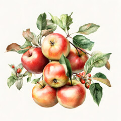 A cluster of red apples with green leaves and small berries, showcasing natural beauty.