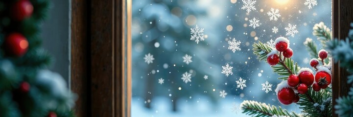Naklejka premium Snowflakes falling on a frosted glass door with red berries and pinecones, Front Door, Frosty