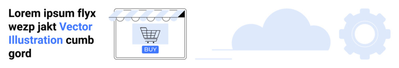 Shopping cart under a store canopy with blue buy button, gear, and cloud in the background. Ideal for eCommerce, retail, technology, digital marketing, cloud computing, innovation flat landing page