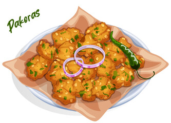 Spicy Potato Pakoras Served on Parchment Paper in a Plate with Onion and Green Chili Garnish. Asian Deep Fried Street Snacks Detailed Illustration
