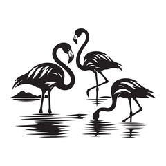 Flamingos standing in water Silhouette Vector Illustration, Solid White Background.