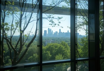 Fototapeta premium Panoramic view of a lush green forest through glass windows in a modern building ideal for nature lovers and eco-friendly designs