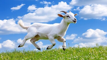 Fototapeta premium Kid goat leaping, green meadow, blue sky, farm