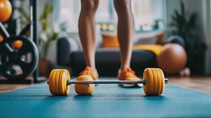 Naklejka premium A person following a fitness routine in their home gym, using minimal equipment like dumbbells and resistance bands.