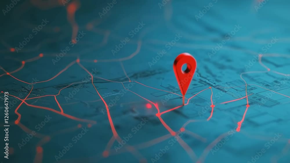 Poster Location services technology revealing innovative digital navigation with red bouncing marker highlighting geolocation tracking across futuristic glowing network map interface