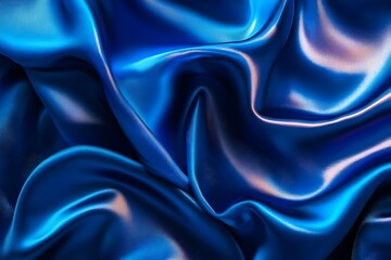 Fototapeta premium A close-up of smooth, flowing blue satin fabric with vibrant sheen and texture. Concept Satin Fabric Texture, Close-Up Photography, Vibrant Blue Hue, Soft Flowing Material, Sheen and Light Play