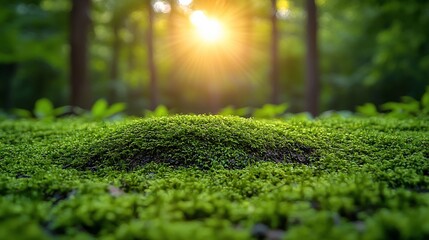 Fototapeta premium Lush green moss covering the forest floor, illuminated by sun rays in a serene woodland