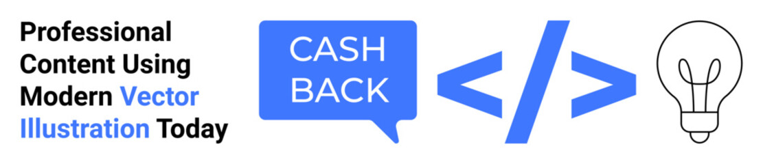 Cashback speech bubble with coding symbol and lightbulb emphasizing technology, creativity, incentives, and opportunities. Ideal for fintech, programming, marketing, startups, e-commerce innovation