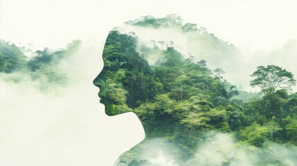 Woman silhouette merging with tropical rainforest and fog in double exposure effect