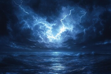 A dramatic depiction of a stormy ocean at night, illuminated by intense lightning.