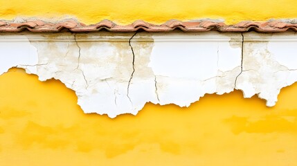 Obraz premium Aged Yellow Wall with Peeling White Plaster and Tile Roof Detail