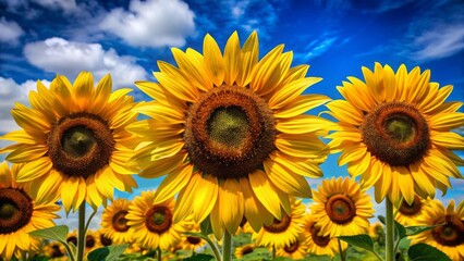 Fototapeta premium Sunflower cluster basking under bright blue sky nature photography vibrant environment scenic view floral concept
