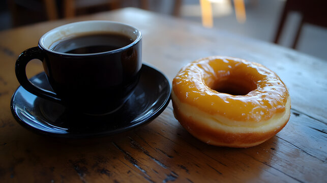 A cup of coffee beside a glazed donut on a wooden table, ideal for a snack or breakfast.