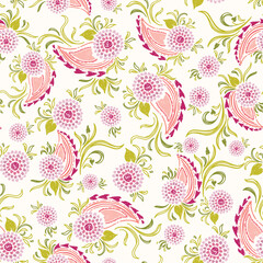 Pretty Hand Drawn Sketch Style Paisley With purple Flower And Swirly Green Leaves Pattern