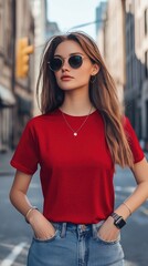 A woman wearing red color t shirt mockup; with necklace; on the street; front view