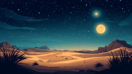 Desert night landscape, moon, stars, dunes, background