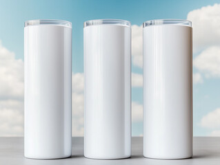 Three White Tumblers Against a Sky Background Tumbler Mockup Mock Up For Display Product