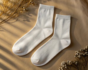 White Socks Mockup with Dried Flowers with overlay shadow in warm afternoon background