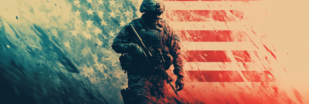 American Soldier Patriotism - A soldier stands before an American flag, symbolizing courage, duty, and national pride