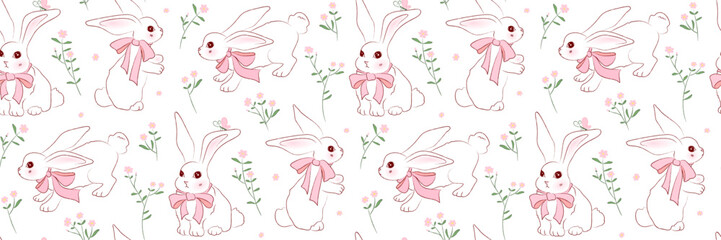 Seamless pattern with hand drawn bunnies wearing pink bows and small flowers. Crayon pencil texture. Cute background in girly coquette style, wallpaper for spring, Easter designs, print, fabric.